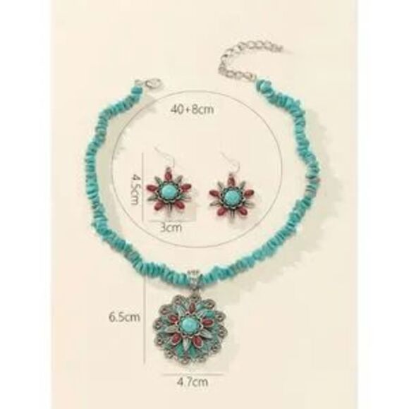 Silver Turquoise Coral Flower Necklace & Earring Set - Picture 3 of 3